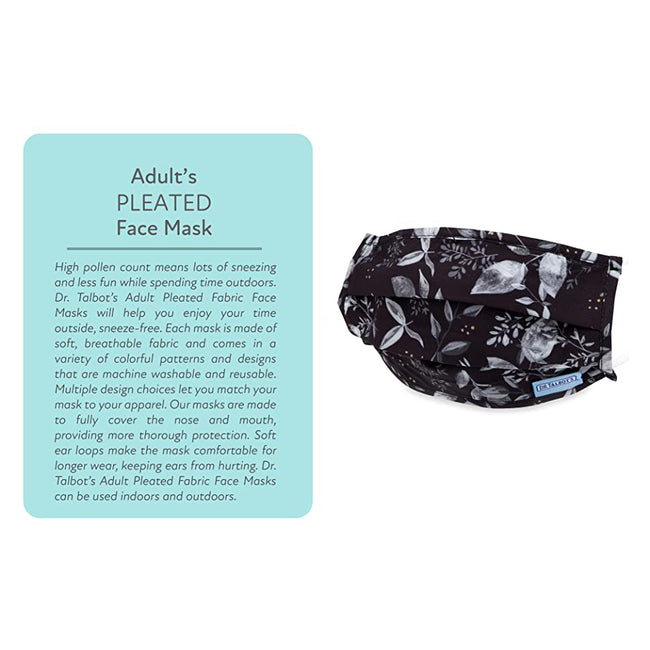 Adult Pleated Cloth Mask - 1 pack - White Leaves on Black - Dr Talbot's US