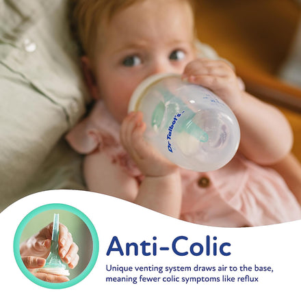A baby drinks from Dr. Talbot’s Self-Sterilizing Anti-Colic Bottle with easy latch nipple. Text: Fewer colic symptoms like reflux thanks to unique venting at the base. Inset highlights venting system. Includes bonus pacifier, 4 pack, 6 oz.