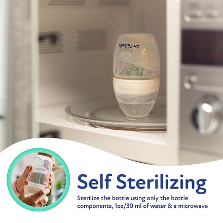 A Dr. Talbot's Self-Sterilizing Anti-Colic Bottle (6 oz) is shown upside down in a microwave for sterilization. An inset shows a hand holding the assembled bottle. Text: Sterilize using bottle parts, 1oz/30ml water, and a microwave.
