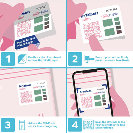 Four-panel image showing use of Dr. Talbot's Mom MilkFresh Breastmilk Storage Bags: 1. Peel blue tab, 2. Press sensor, 3. Attach to bag, 4. Scan QR code with phone to log in the MilkFresh app.