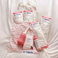 The Dr. Talbot's Mom Postpartum Recovery Kit includes a patterned tote, three ice pads, pink peri bottle, perineal healing foam, and spray—ideal for perineal care after vaginal birth.