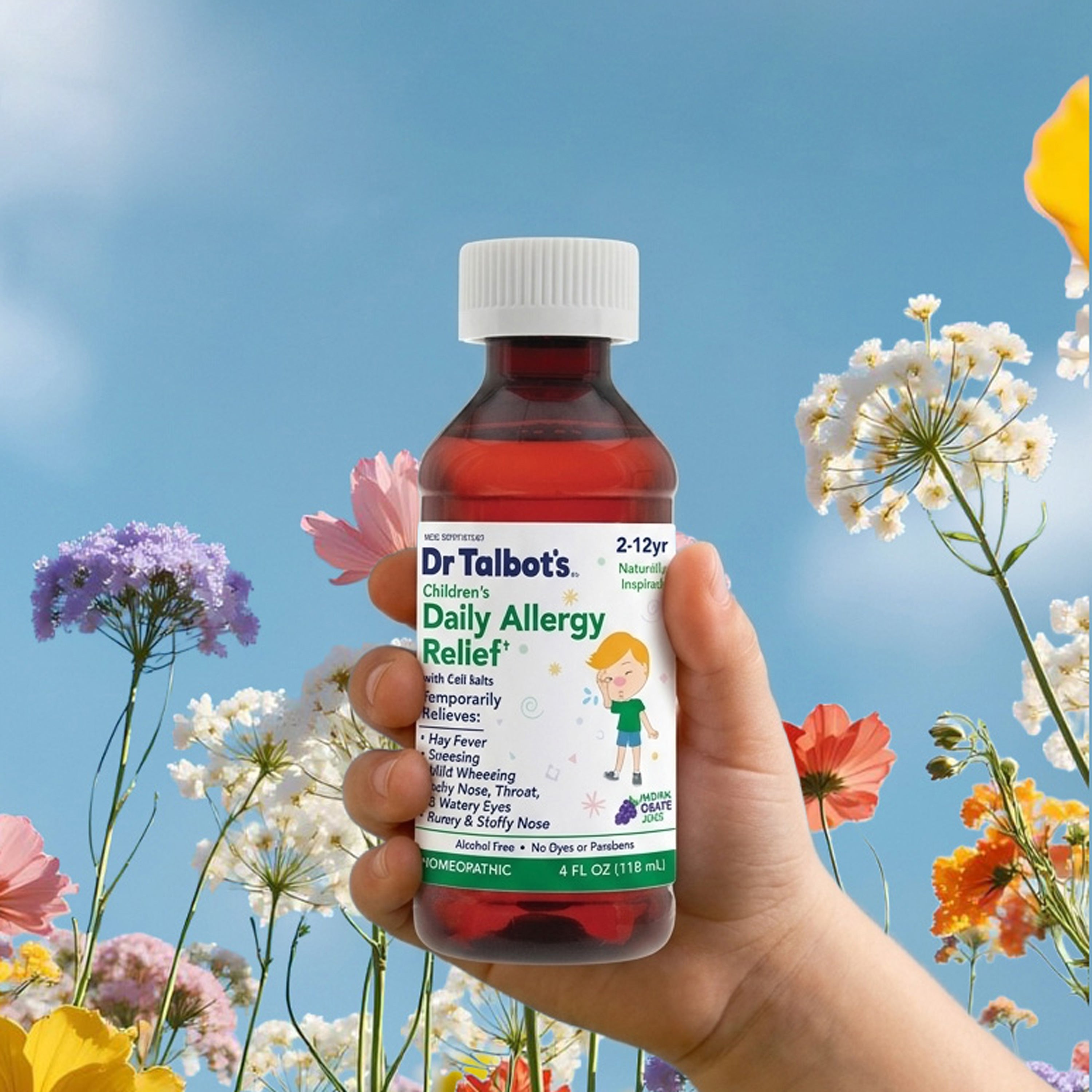 A hand holds a bottle of Dr. Talbot’s Daily Allergy Relief against a background of colorful wildflowers and a blue sky.