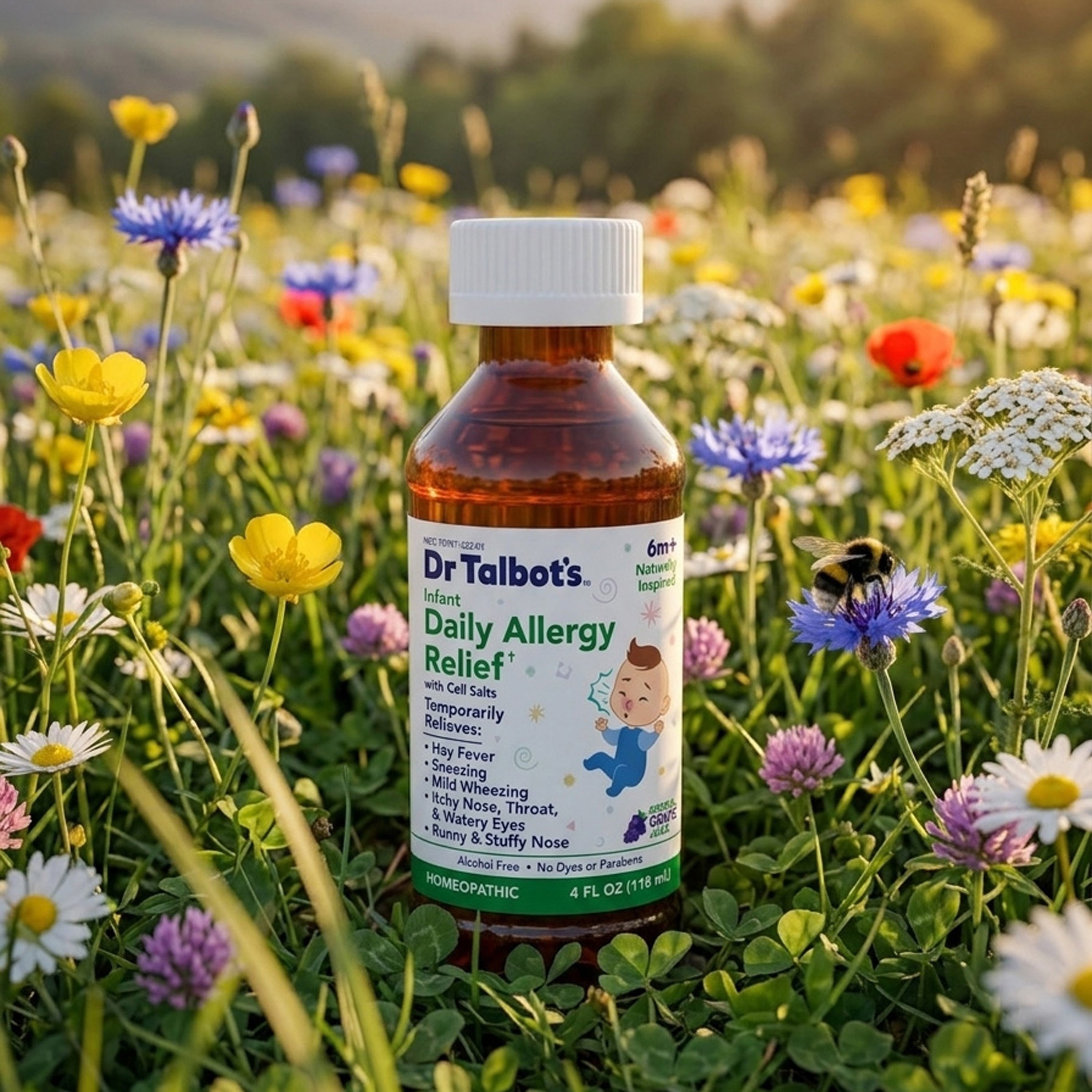 A bottle of Dr. Talbot’s Infant Daily Allergy Relief sitting in a field of wildflowers with a bumblebee nearby.