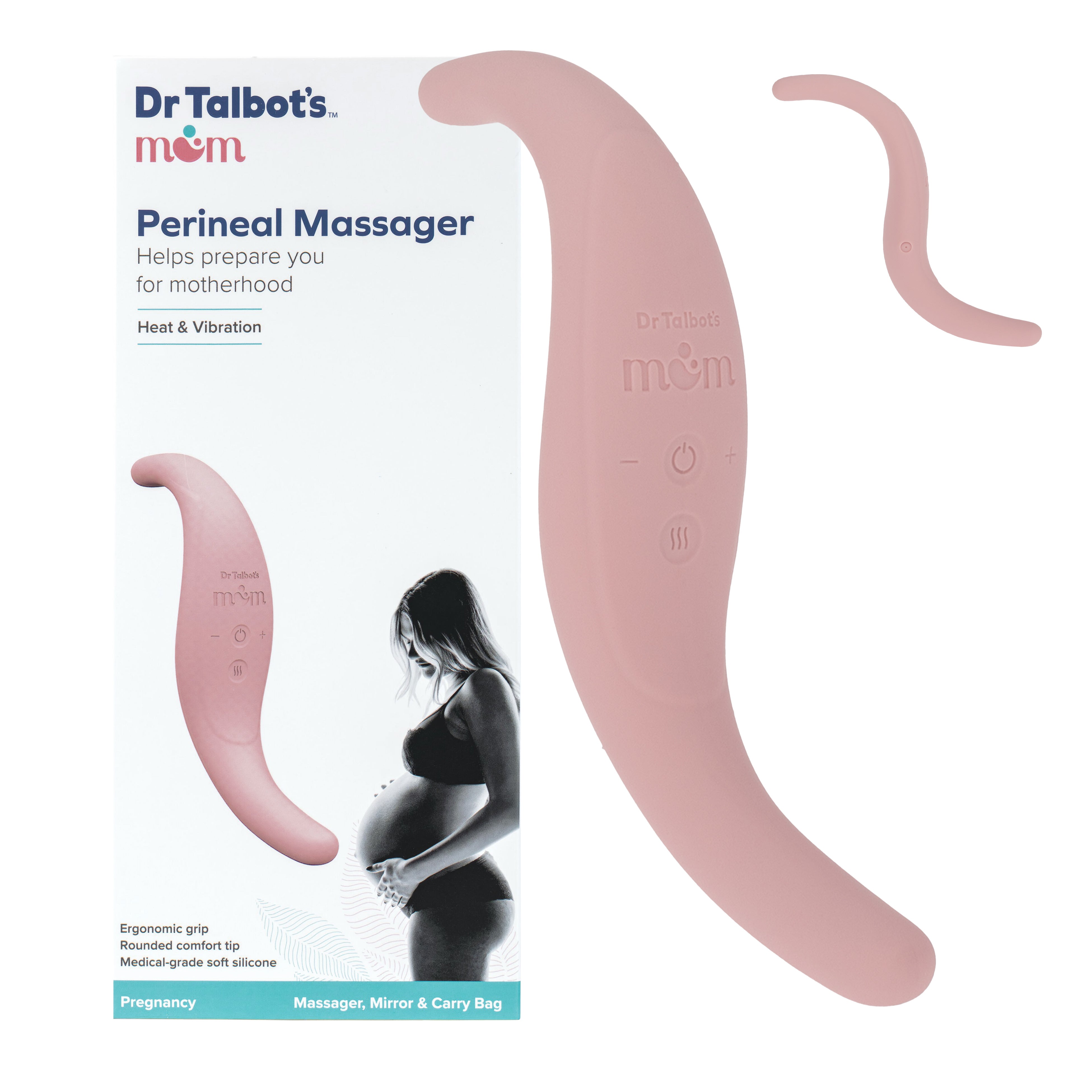 A pink Dr. Talbot's Mom Perineal Massager made of body-safe silicone is shown next to its box, which displays product details and a pregnant woman image. A smaller attachment is also included for pregnancy comfort.