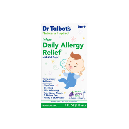 Dr. Talbot's Infant Daily Allergy Relief, 4 fl oz, is a homeopathic allergy medicine for ages 6+ months with grape flavor and cartoon baby design that helps relieve hay fever and sneezing symptoms.