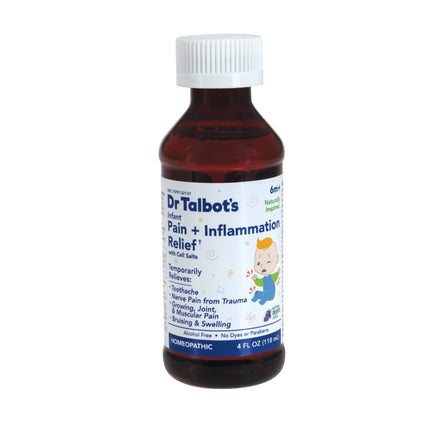 A brown bottle of Dr. Talbot's Infant Pain + Inflammation Relief with a white cap features a cartoon baby on the label. It is a homeopathic medicine for infant pain, teething, toothache, and swelling relief. Contains 4 fl oz (118 ml).