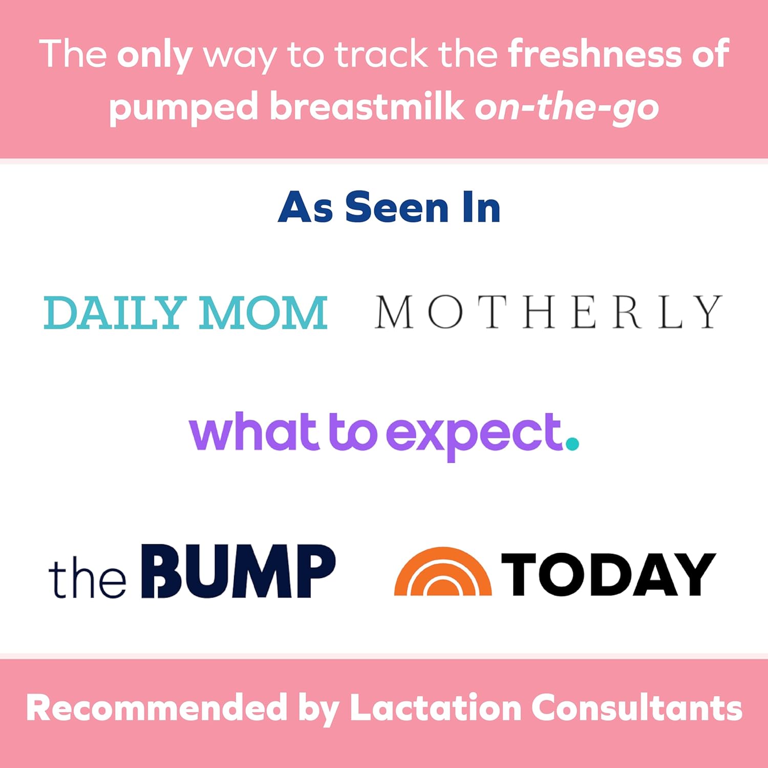 Promotional graphic stating, Dr. Talbot's Mom MilkFresh Sensors | 48 Count—track pumped breastmilk freshness on-the-go with innovative sensors. As seen in Daily Mom, Motherly, What to Expect, The Bump, and Today; recommended by lactation consultants.