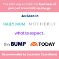 Promotional graphic stating, Dr. Talbot's Mom MilkFresh Sensors | 48 Count—track pumped breastmilk freshness on-the-go with innovative sensors. As seen in Daily Mom, Motherly, What to Expect, The Bump, and Today; recommended by lactation consultants.