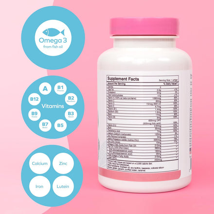 A white and pink Dr. Talbot's Mom Fertility Support Multi-Vitamin bottle stands against a pink background. Nearby icons show key ingredients—Omega 3, B vitamins, calcium, zinc, iron, and lutein—with the Supplement Facts label in view.