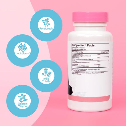A white Dr. Talbot's Mom Lactation Support bottle with a pink lid is set against a pink background. Four blue circles highlight ingredients like fenugreek for lactation support. Supplement facts are visible on the label.
