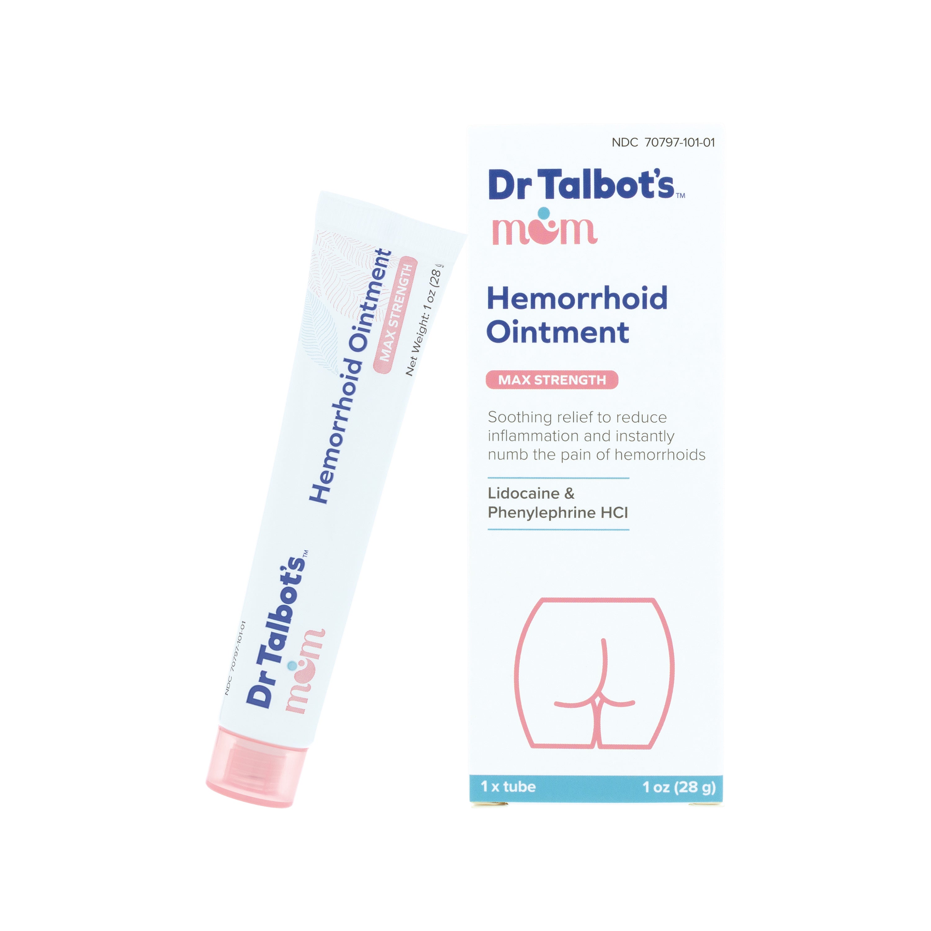 A tube and box of Dr. Talbot’s Mom Pregnancy & Postpartum Hemorrhoid Ointment, featuring lidocaine cream for fast relief. The packaging highlights key ingredients and shows an illustration of buttocks on the front.