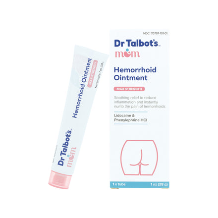 A tube and box of Dr. Talbot’s Mom Pregnancy & Postpartum Hemorrhoid Ointment, featuring lidocaine cream for fast relief. The packaging highlights key ingredients and shows an illustration of buttocks on the front.