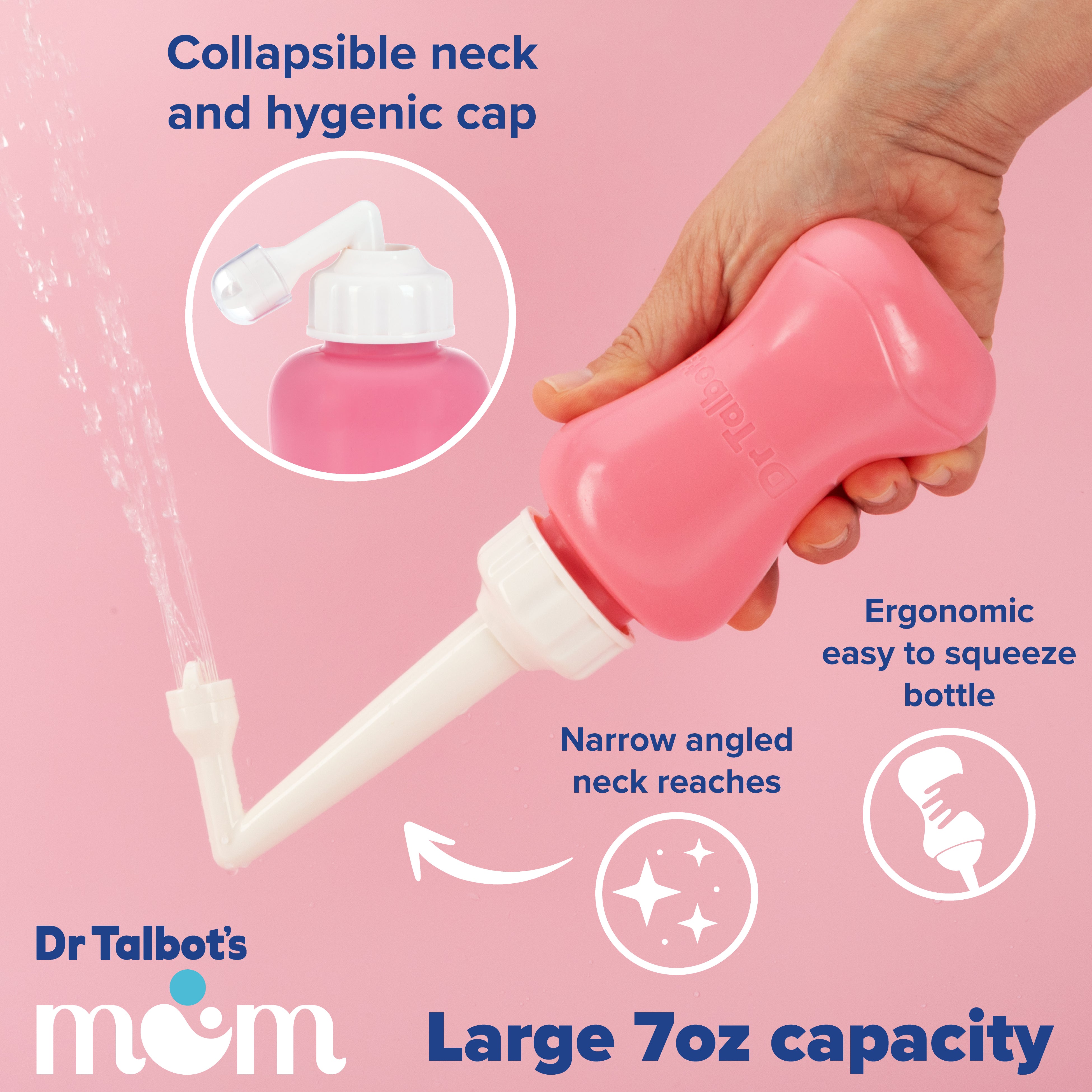 A hand squeezes a Dr. Talbot's Mom bottle from the Postpartum Recovery Kit, releasing water from its angled nozzle. It features a collapsible neck, hygienic cap, ergonomic design, narrow angled neck, and large 7oz capacity.
