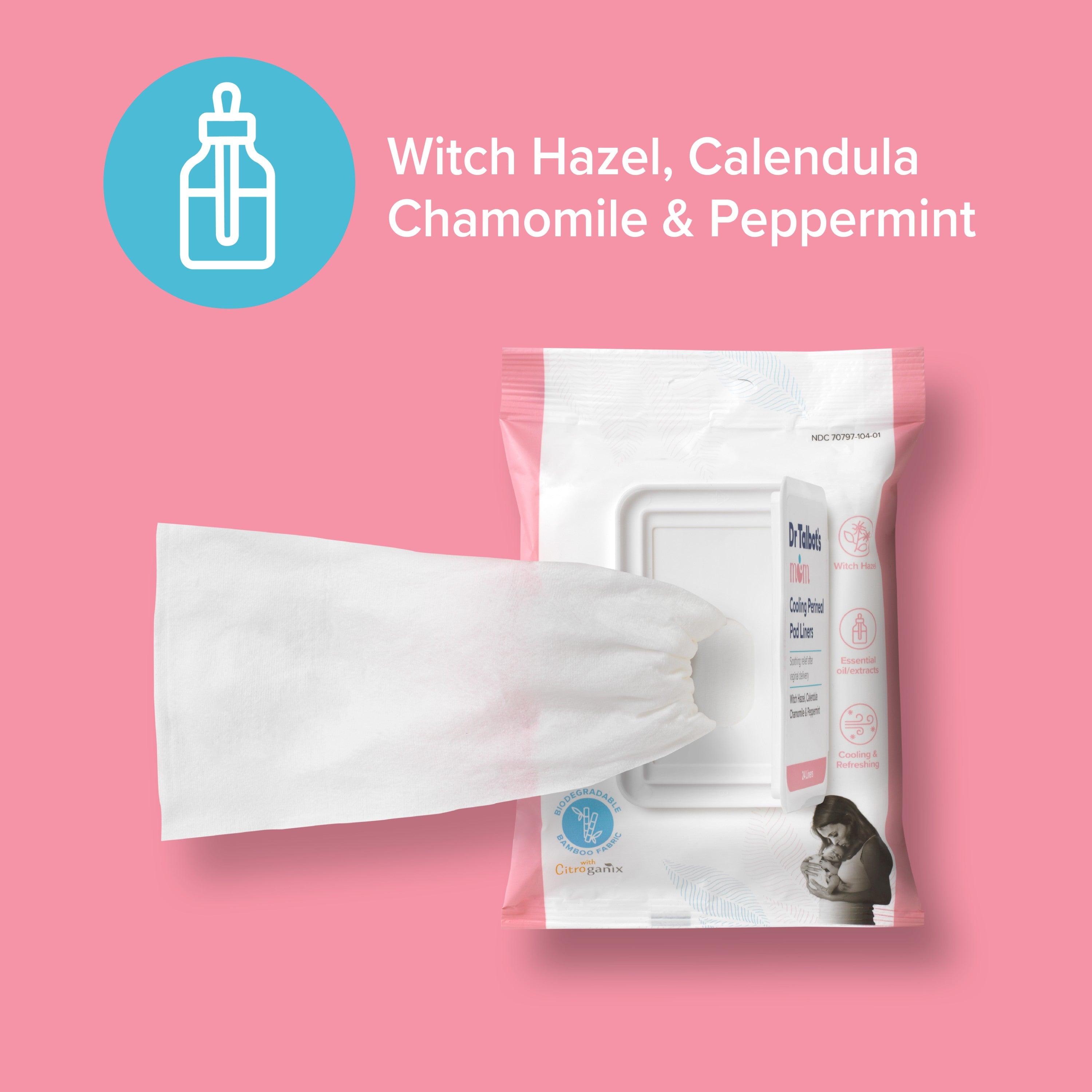 A pack of wipes, one partially pulled out, sits on a pink backdrop. White text states: Witch Hazel, Calendula, Chamomile & Peppermint—ideal for Dr. Talbot's Mom Postpartum Recovery Kit. A bottle icon is shown in the top left corner.
