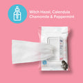 A pack of wipes, one partially pulled out, sits on a pink backdrop. White text states: Witch Hazel, Calendula, Chamomile & Peppermint—ideal for Dr. Talbot's Mom Postpartum Recovery Kit. A bottle icon is shown in the top left corner.
