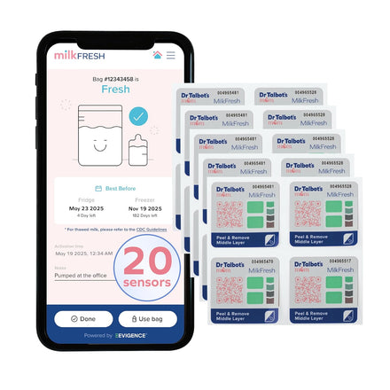 A smartphone displays the MilkFresh app with breastmilk freshness details. Next to it are 20 individually packaged MilkFresh Sensors by Dr. Talbot’s Mom—labeled and perfect for any breastfeeding organizer.