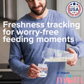 A parent pours milk from a Dr. Talbot’s Mom measuring bag into a bottle. Text: Worry-free feeding with MilkFresh Sensors | 48 Count for breastmilk freshness tracking. A Made in the USA badge is at the top right; Dr. Talbot’s Mom logo appears bottom right.