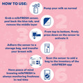 Instructional graphic for Dr. Talbot's Mom MilkFresh Sensors (48 Count): pump milk, prep and activate sensor, attach to breast milk bag, scan with MilkFresh app, and monitor freshness—icons on pink floral background.
