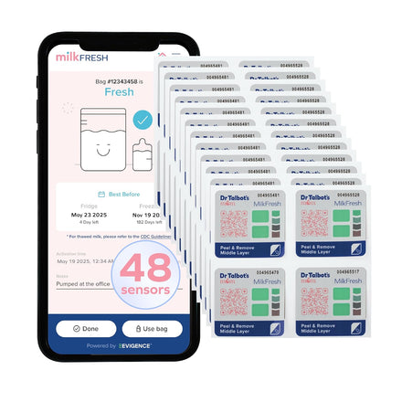 A smartphone displays the Dr. Talbot's Mom MilkFresh Sensors | 48 Count app next to a staggered set of 48 sensors, showing milk storage details and acting as a breastfeeding organizer, with a “48 Count” label visible.