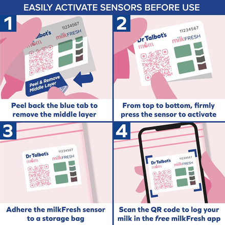Four-step guide showing hands using Dr. Talbot's Mom MilkFresh Sensors | 48 Count: peel the tab, press the sensor, apply it to a breastmilk storage bag, and scan the QR code with your phone to activate in the MilkFresh app.