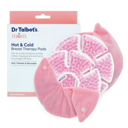 Two pink, circular Dr. Talbot's Hot & Cold Breast Therapy Pads (2 Pack) are shown beside their packaging. These soft, flexible pads offer breastfeeding relief and are reusable.