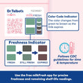 An infographic shows Dr. Talbot’s Mom MilkFresh Sensors (48 count) label with color codes from green (fresh) to brown (expired), a CDC guideline icon, and a QR code for tracking shelf life in the MilkFresh app.