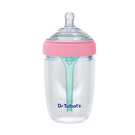 Dr. Talbot's Squeezy Silicone Anti-Colic Bottle, 8 oz, features a clear design with pink ring, silicone nipple, teal internal straw, and front logo—making it a safe choice for your baby.