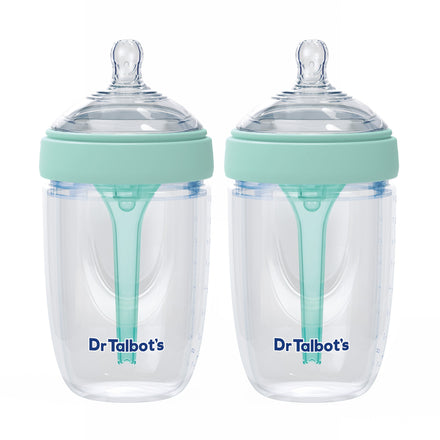 Two clear Dr. Talbot's Squeezy Silicone Anti-Colic Bottles (8 oz, 2 Pack) with green lids are shown side by side, each featuring a soft flex simple latch nipple, internal anti-colic venting system, and the Dr. Talbot’s logo on the front.