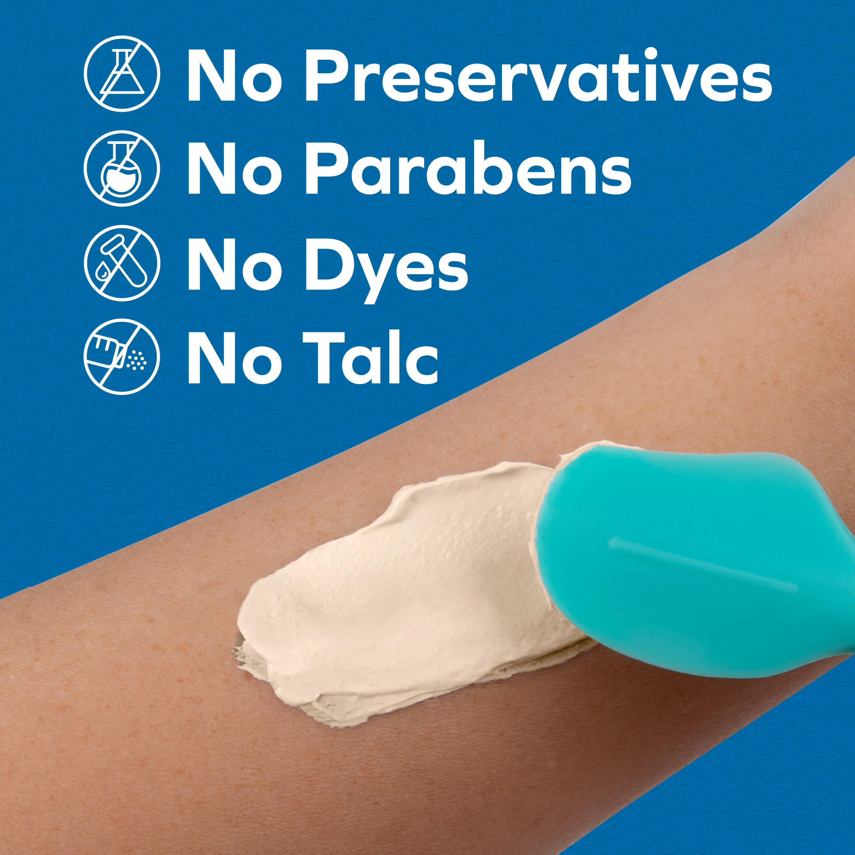 A blue spatula spreads Dr. Talbot's Maximum Strength Diaper Rash Ointment (14 oz) on a person's arm. Text on a blue background: Maximum Strength, No Parabens, No Dyes, No Talc—gentle zinc oxide care shown with matching icons.