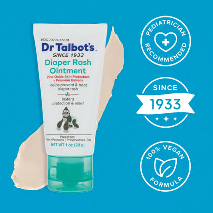 A 1 oz tube of Dr. Talbot's Diaper Rash Ointment | Original is shown on a blue background with cream smeared behind it and icons for Pediatrician Recommended, Since 1933, and 100% Vegan Formula.