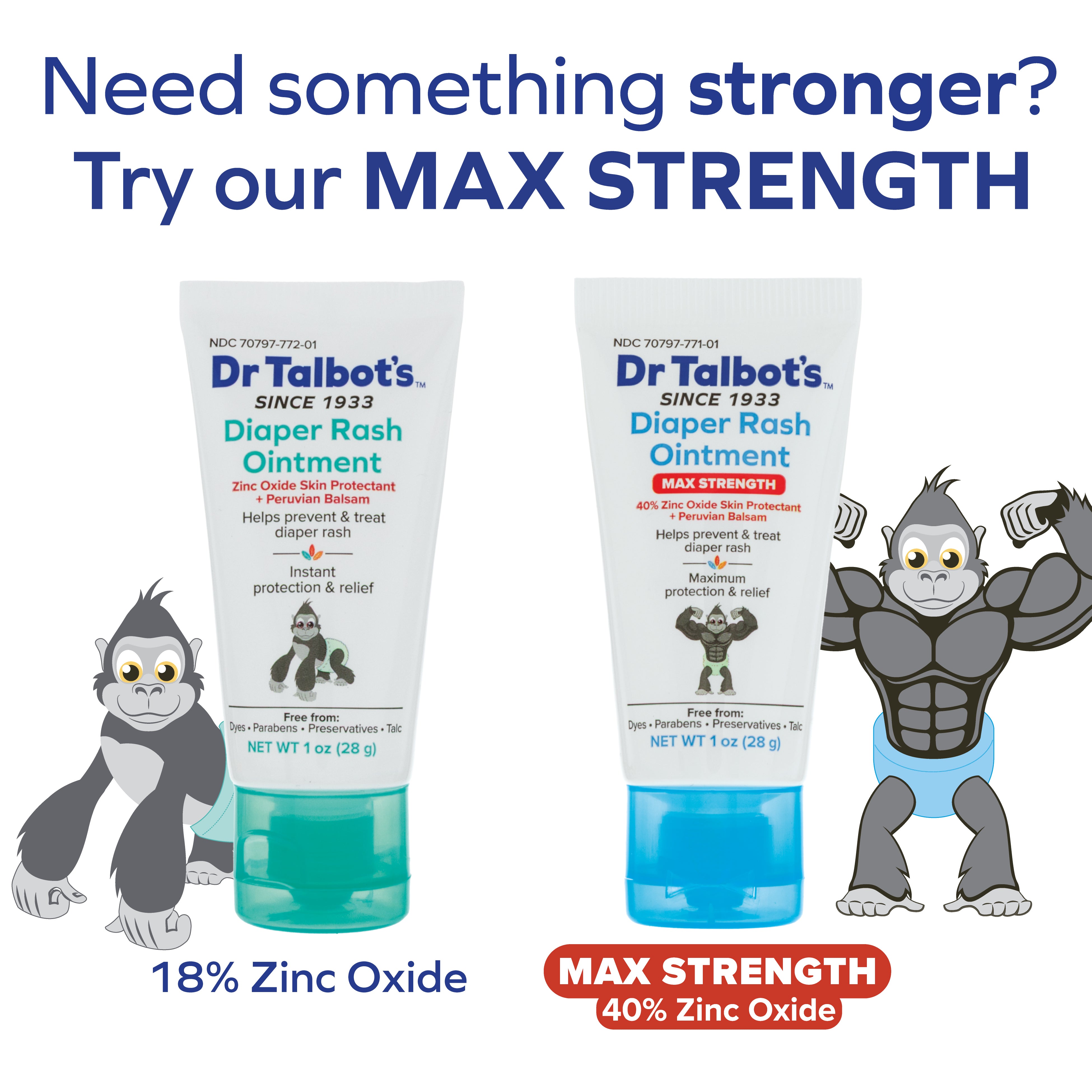 Two tubes of Dr. Talbot’s Diaper Rash Ointment (Original - 2 oz) are shown with cartoon gorillas. The Max Strength tube highlights “MAX STRENGTH” and has 40% zinc oxide; the Original contains 18% for baby diaper rash.