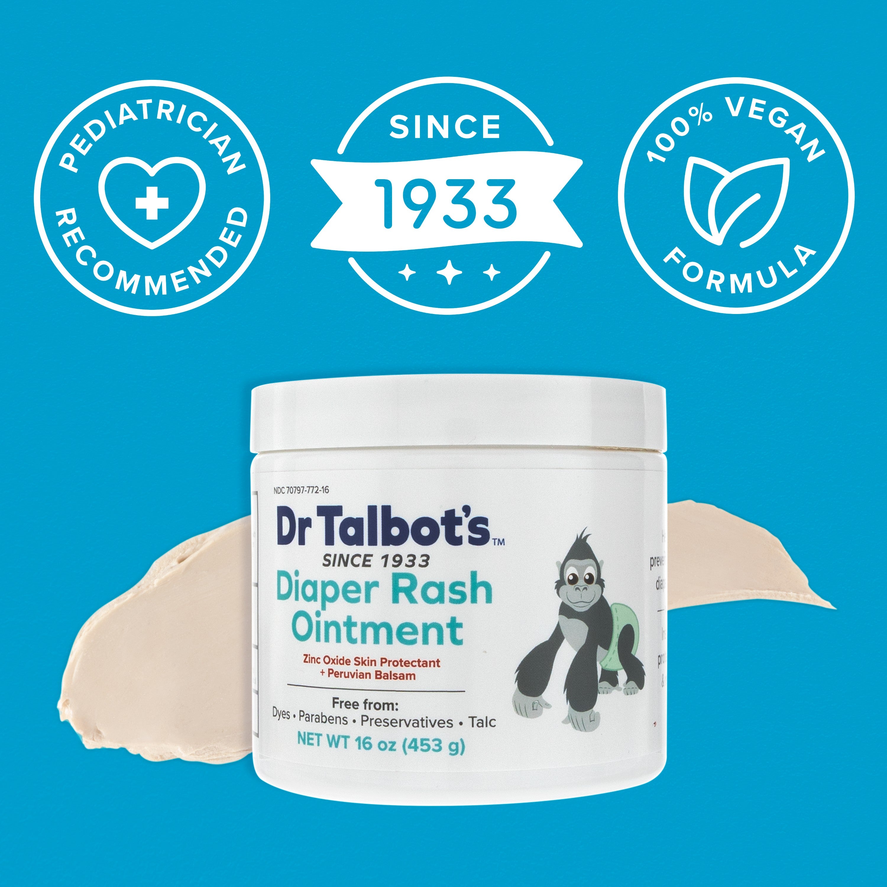 A 16 oz container of Dr. Talbot's Diaper Rash Ointment | Original is displayed on a blue background with cream swipes, alongside icons reading “Pediatrician Recommended,” “Since 1933,” and “100% Vegan Formula.”.