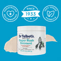 A 16 oz container of Dr. Talbot's Diaper Rash Ointment | Original is displayed on a blue background with cream swipes, alongside icons reading “Pediatrician Recommended,” “Since 1933,” and “100% Vegan Formula.”.
