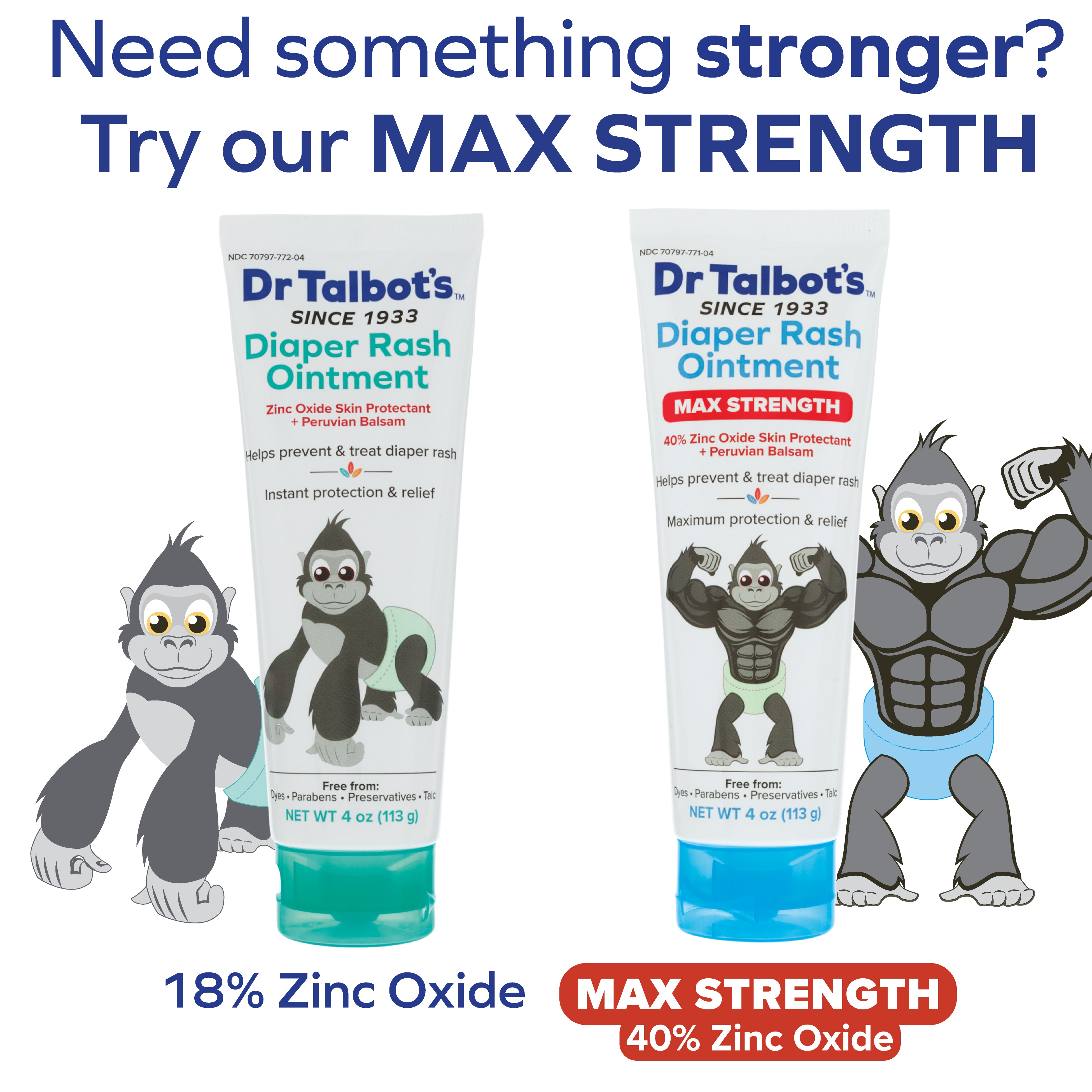 Dr. Talbot's Diaper Rash Ointment Original (4 oz) includes playful gorilla designs on two tubes—one with 18% zinc oxide, one Max Strength with 40%. “MAX STRENGTH” text highlights soothing power for baby diaper rash.