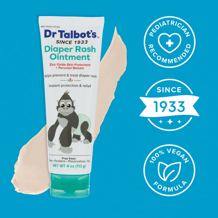 Dr. Talbot's Diaper Rash Ointment | Original - 4 oz tube with zinc oxide features a cartoon gorilla and ointment smear. Icons on a blue background show Pediatrician Recommended, Since 1933, and 100% Vegan Formula.