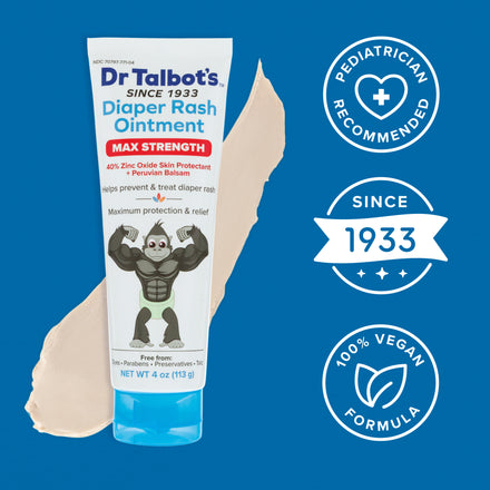 A 4 oz tube of Dr. Talbot's Maximum Strength Diaper Rash Ointment is shown with cream behind it; surrounding icons highlight its vegan formula, pediatrician recommendation, and Dr. Talbot’s heritage since 1933.