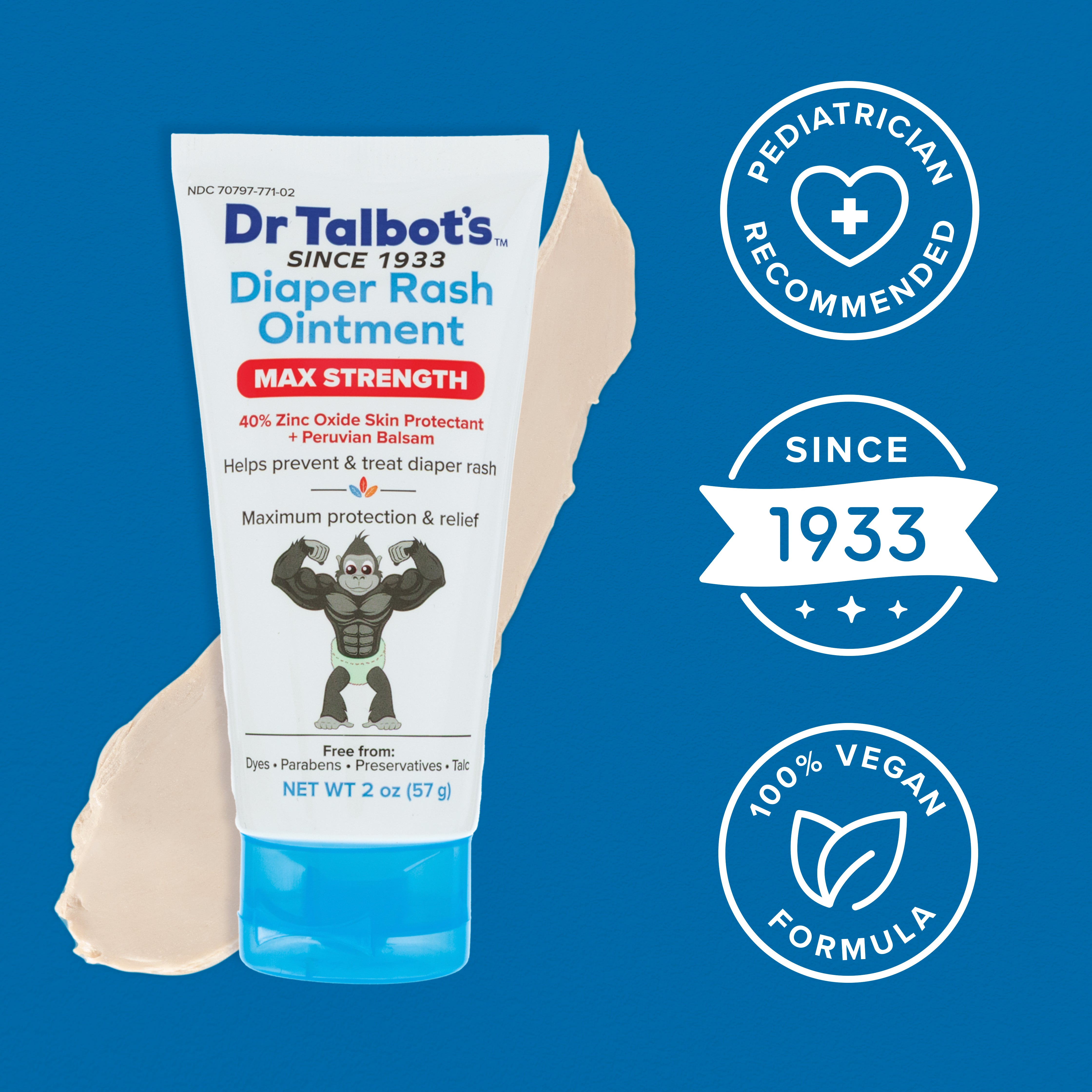 A 2 oz tube of Dr. Talbot's Maximum Strength Diaper Rash Ointment sits on a blue background with cream smeared behind it. Icons read: Pediatrician Recommended, Since 1933, and 100% Vegan Formula with zinc oxide.