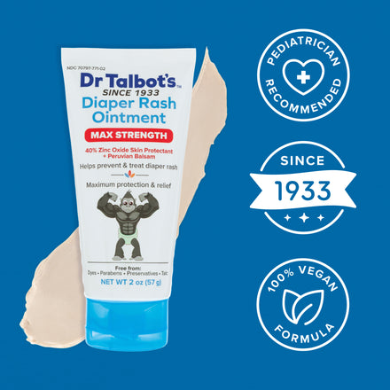 A 2 oz tube of Dr. Talbot's Maximum Strength Diaper Rash Ointment sits on a blue background with cream smeared behind it. Icons read: Pediatrician Recommended, Since 1933, and 100% Vegan Formula with zinc oxide.