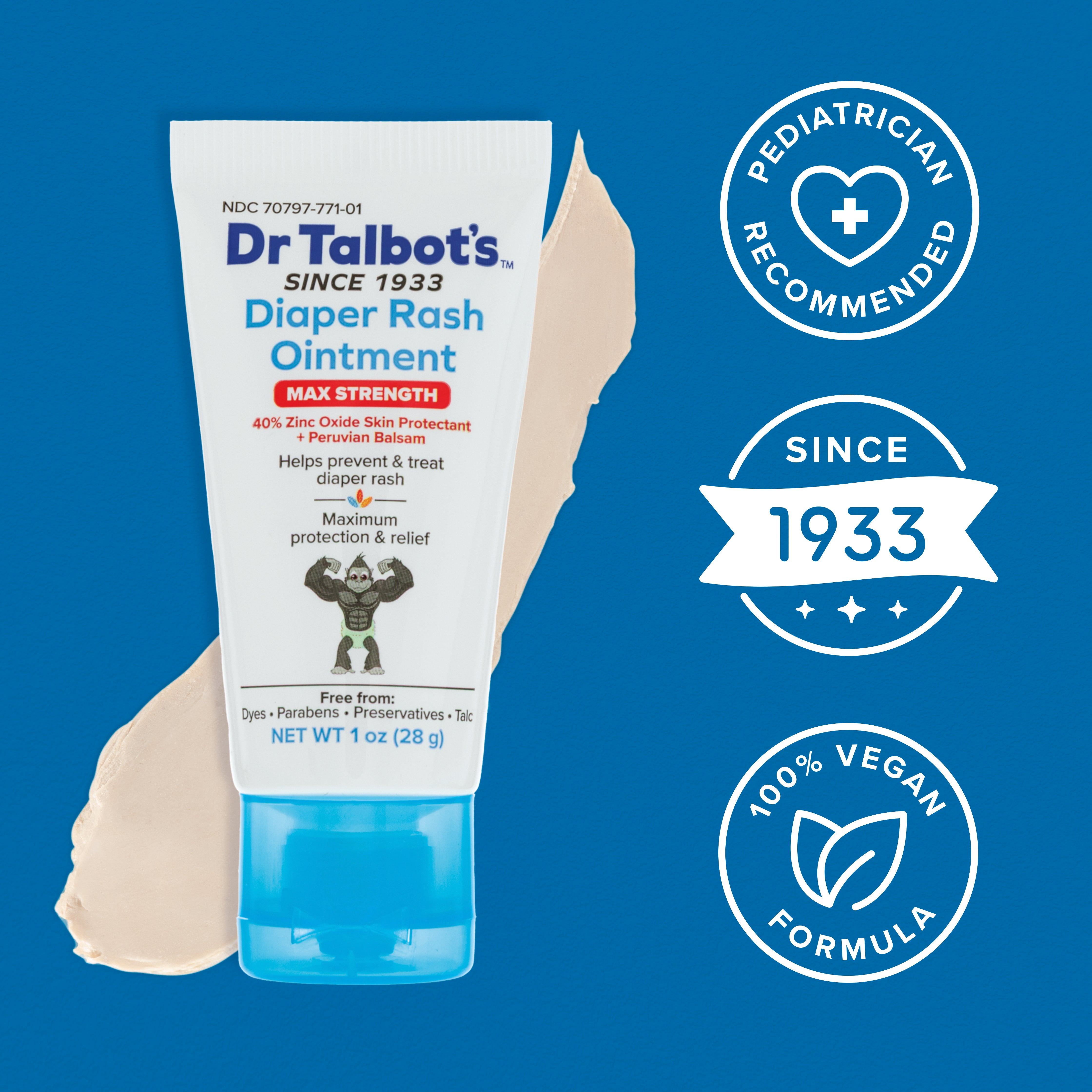 Dr. Talbot’s Maximum Strength Diaper Rash Ointment (1 oz) is shown with a smear behind it. Badges read “Pediatrician Recommended,” “Since 1933,” and “100% Vegan Formula.” Contains zinc oxide.