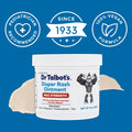Dr. Talbot’s Maximum Strength Diaper Rash Ointment (14 oz) sits on a blue background with ointment smeared behind it. Icons highlight its powerful zinc oxide formula, 100% vegan ingredients, and pediatrician recommendation.
