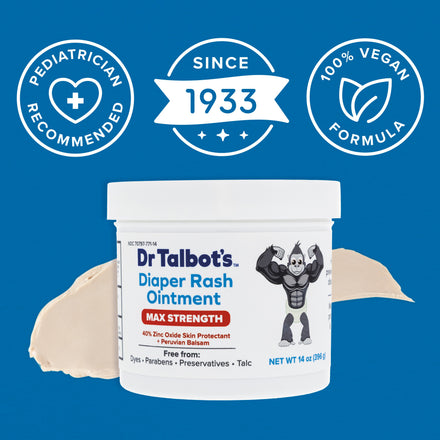 Dr. Talbot’s Maximum Strength Diaper Rash Ointment (14 oz) sits on a blue background with ointment smeared behind it. Icons highlight its powerful zinc oxide formula, 100% vegan ingredients, and pediatrician recommendation.