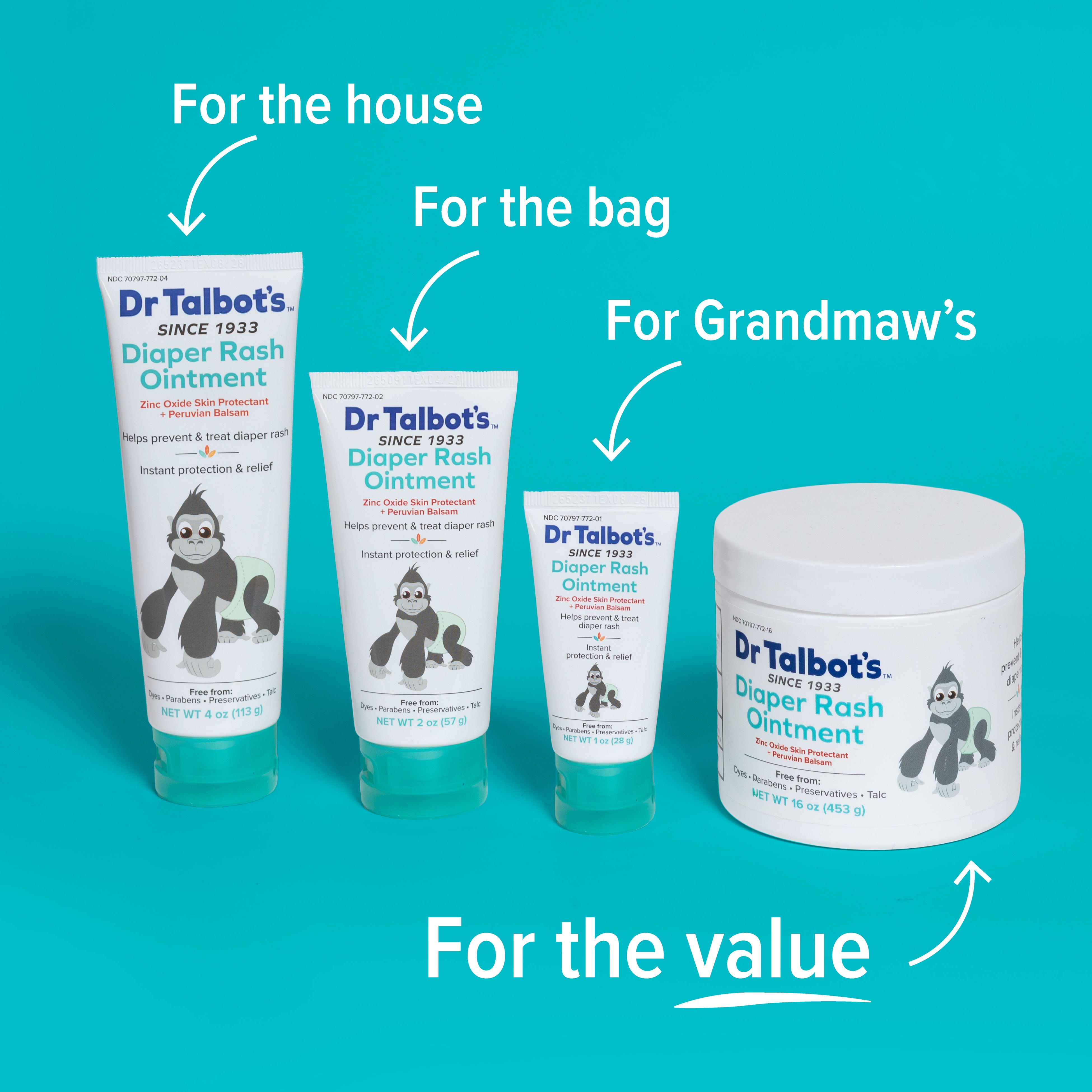 Four Dr. Talbot's Diaper Rash Ointment | Original - 16 oz containers are labeled: For the house, For the bag, For Grandmaw’s, and For the value on a turquoise background—ideal zinc oxide diaper rash treatment.