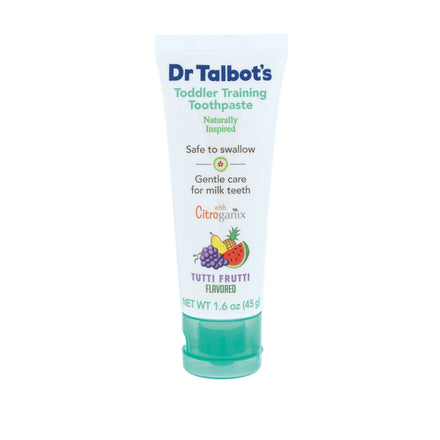 A 3-pack of Dr. Talbot's Toddler Toothpaste, fluoride-free and tutti frutti flavored, features colorful fruit designs, is safe if swallowed, gentle on milk teeth, and naturally inspired. Net weight per tube: 1.6 oz (45 g).