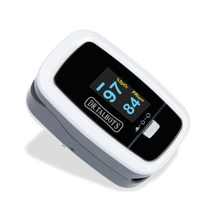 The Dr. Talbot's Pulse Oximeter - White displays a blood oxygen level of 97% and a pulse rate of 84 bpm on its screen.