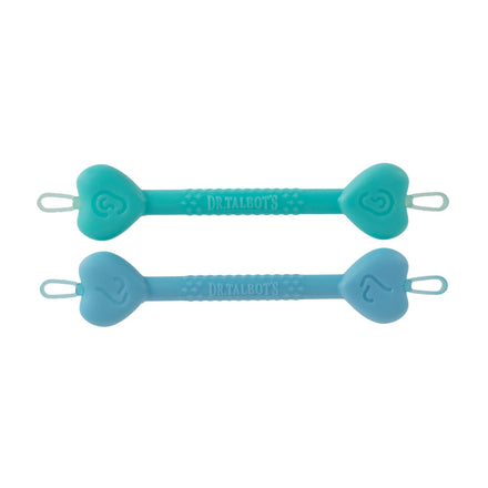 The Dr. Talbot's Nasal Aspirator + Ear & Nose Cleaner Set includes two silicone sticks in blue and teal with heart-shaped ends, textured centers, and loops—perfect additions to your baby care essentials.