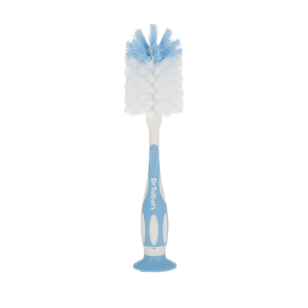 Dr. Talbot's Bottle Brush with Suction Base (2 Pack) in blue features a contoured handle, white bristles with blue tips, and stands upright on a flat suction base. The Dr. Talbot’s logo is on the handle.