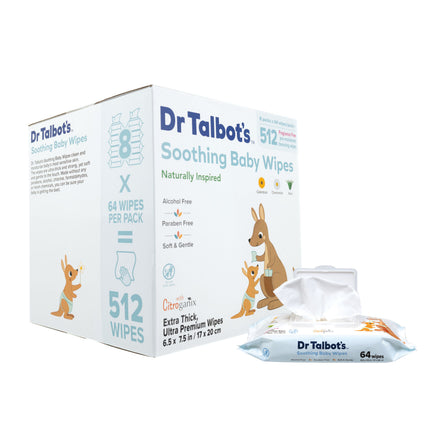 A box of Dr. Talbot’s Soothing Ultra Premium Baby Wipes (8 Packs - 512 Count) is displayed, with an open pack revealing the wipes inside. The packaging features a kangaroo illustration and emphasizes a gentle, naturally inspired formula that is alcohol-free and paraben-free, making it safe for baby’s delicate skin.