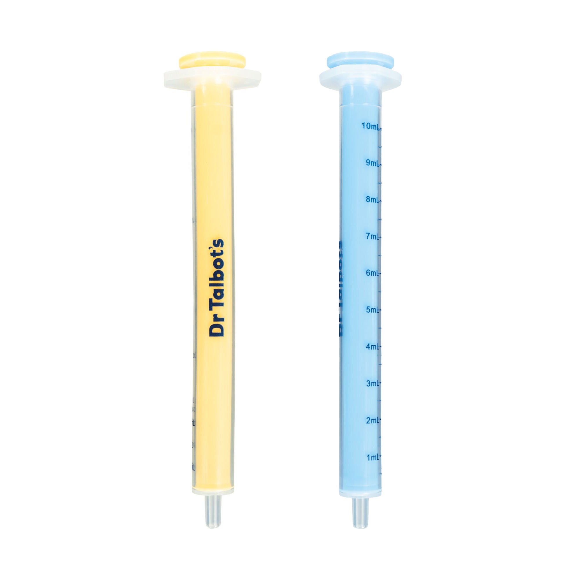 Two syringe-shaped medicine dispensers from the Dr. Talbot’s Sure-Dose™ Medicine Syringe (4 Pack) set are shown: one yellow with “Dr. Talbot’s” written vertically and one blue featuring measurement markings from 1ml to 10ml. Both baby dosage syringes have clear plungers and flat tops, standing upright against a white background.
