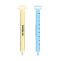 Two syringe-shaped medicine dispensers from the Dr. Talbot’s Sure-Dose™ Medicine Syringe (4 Pack) set are shown: one yellow with “Dr. Talbot’s” written vertically and one blue featuring measurement markings from 1ml to 10ml. Both baby dosage syringes have clear plungers and flat tops, standing upright against a white background.