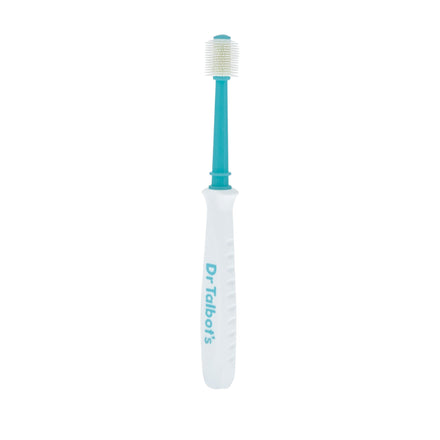 The Dr. Talbot’s Toddler 360° Toothbrush in aqua and yellow features a unique round brush head with multiple layers of soft, horizontally stacked bristles.